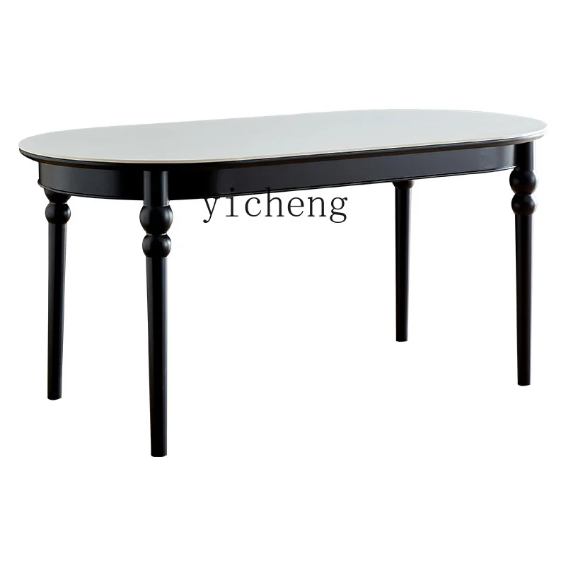 XL retro black solid wood dining table oval dining table and chairs small apartment rock slab dining table