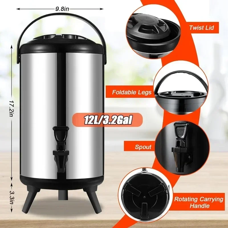 12L Stainless Steel Insulated Beverage Dispenser Kettle Dispenser for Hot Water Tea Milk Juice Silver