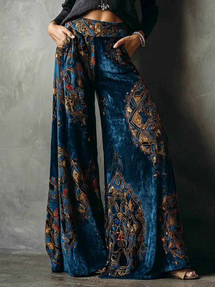 

Boho Wide Leg Pants Women Retro High Waist Velvet Trousers Fashion Casual Vintage Pantalon Femme Pocket Loose Bottom Streetwear