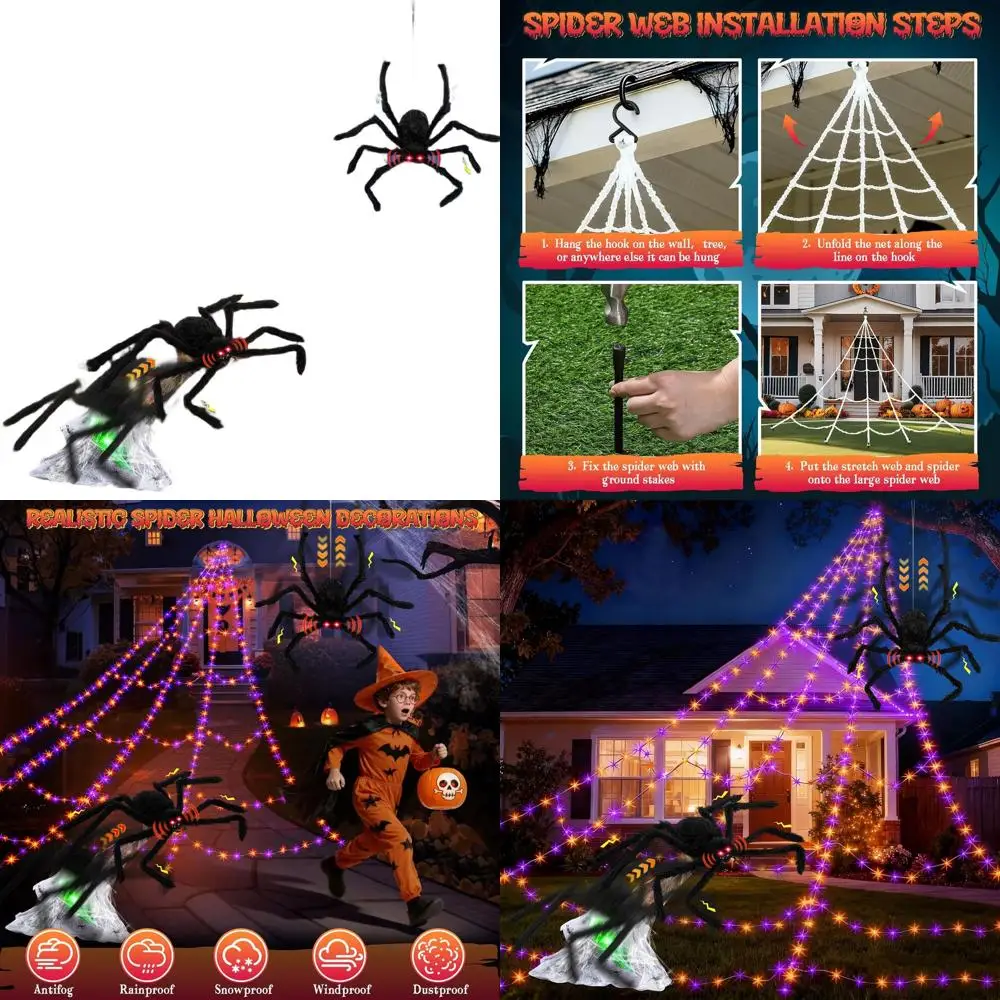 

Animated Spider Jumping Web with 8 Light-up Halloween Decorations for Outdoor Yard & Garden Parties