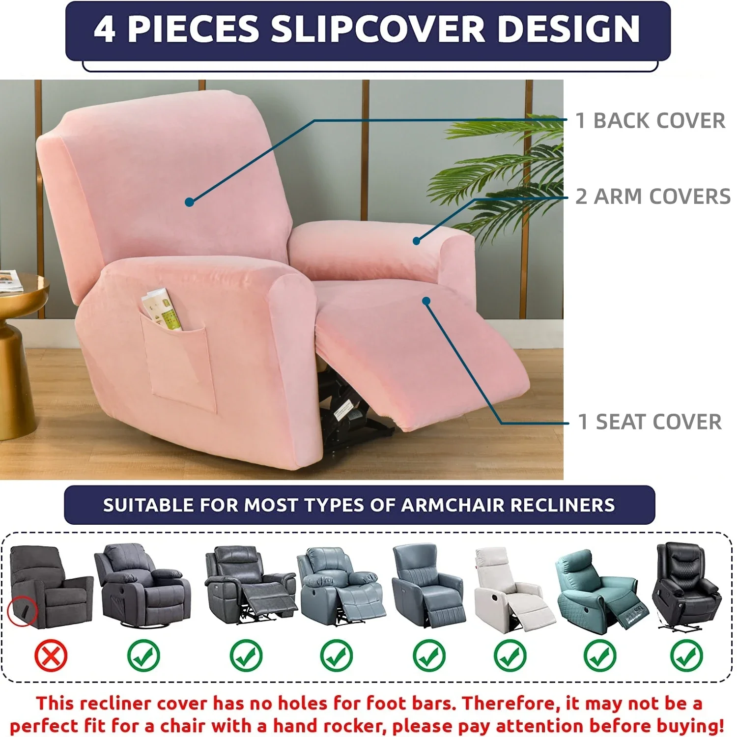 Plush Velvet Recliner Chair Single seat Covers Full Cover Thick Arm Sofa Slipcover Side Pocket Fit Washable Arm Sofa Slipcover