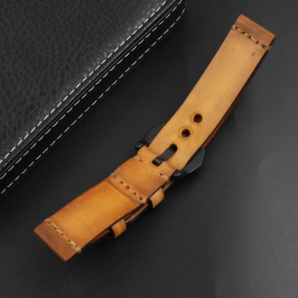 Handmade Vintage Double Layer Leather Strap Watchband Yellow 18mm 20mm 22mm 24mm 26mm Pilot Bracelet for Men Watches Accessories