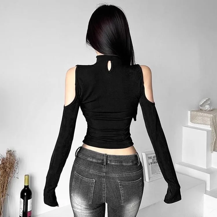 Sexy Off Shoulder Hollow Out Tops Mujer Y2k V-neck Slim Fit T-shirt for Women 2024 Summer New All-match Black Tee Shirt