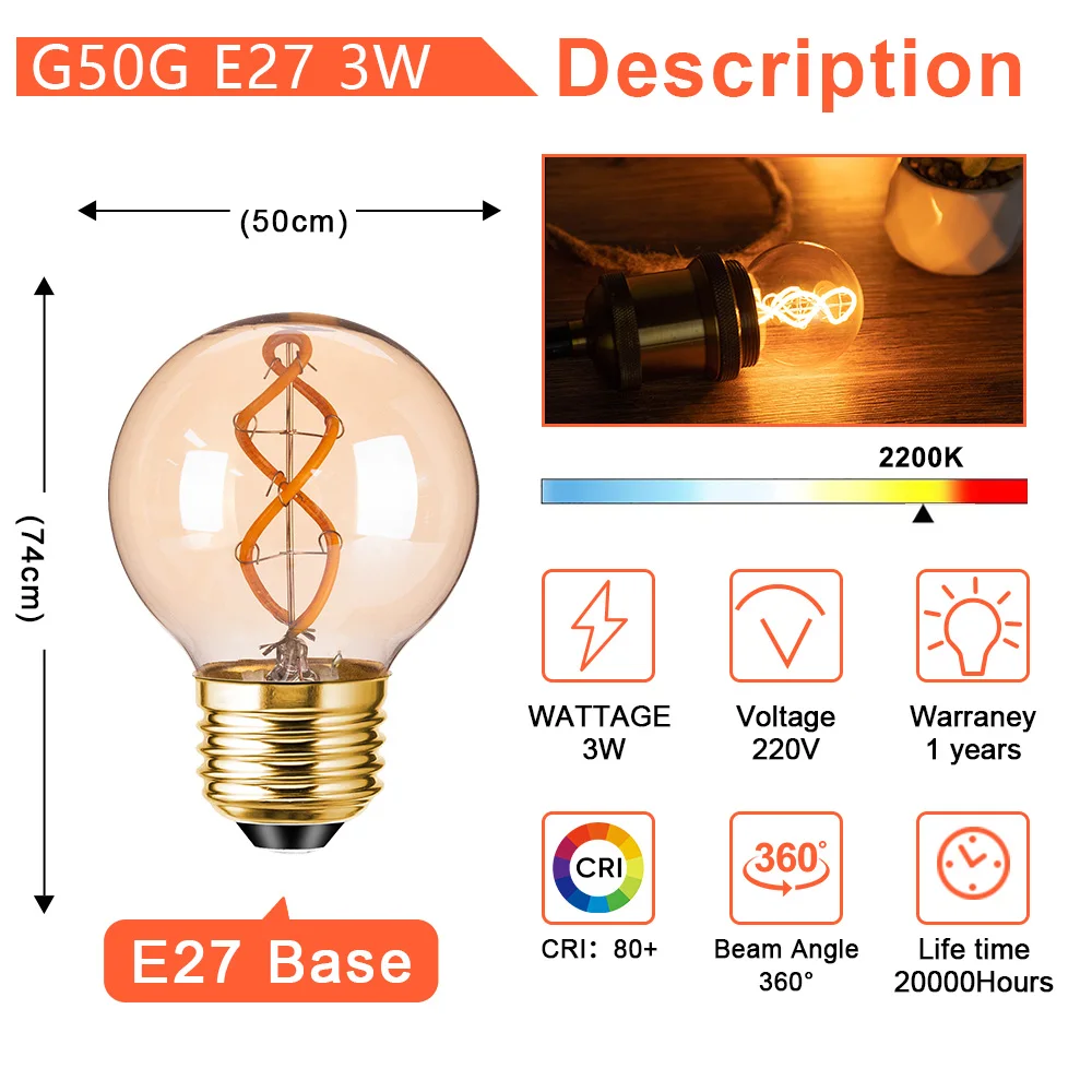 4PCS Dimmable Led Bulb E27 Globe Edison Light Bulbs G16.5 G50 3W Amber Glass Mini Ball Lamps 2200K Vintage Spiral Filament Bulbs