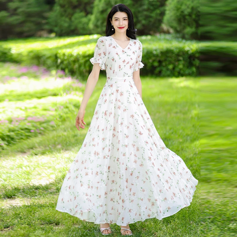 Férias de verão floral renda com decote em v vestido longo jovem emagrecimento elegante vestido novo 2025 praia saia na moda casual maxi vestido
