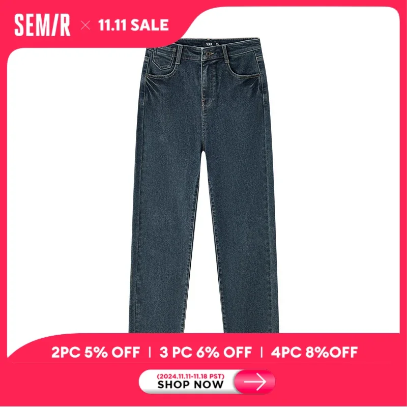 Semir Jeans Women Fringed Slim Straight Leg Pants Versatile 2024 New Winter Frayed Capri Pants Denim Trousers