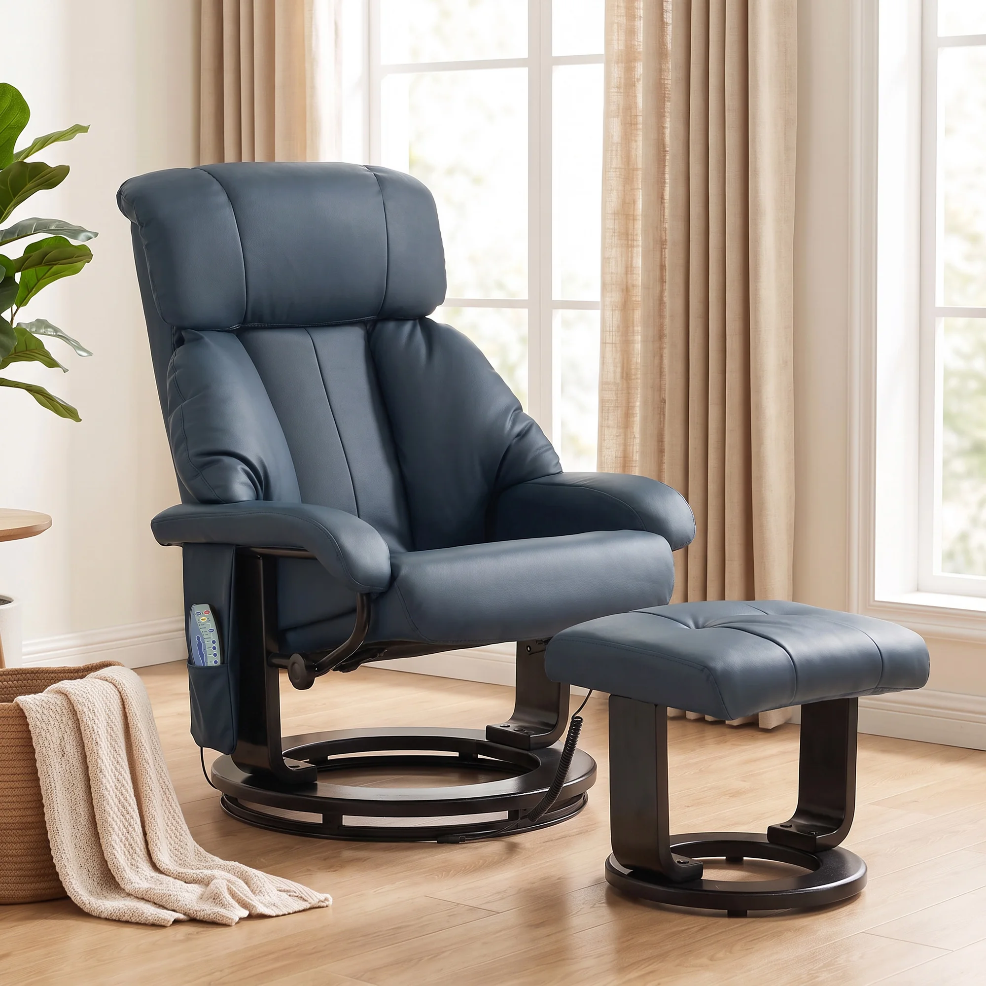 HOMCOM Massage Recliner Chair with Ottoman, 360° Swivel Recliner and Footstool, 10-Point Vibration, PU Leather Reclining Chair with Remote Control, Blue