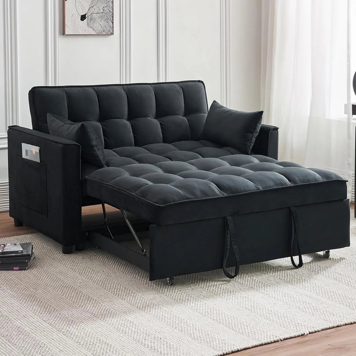 Sleeper Sofa Bed, 3-in-1 Velvet Pull Out Couch with Armrests,Storage Pockets and 2 Pillows, Adjustable Backrest, Sofa Bed(Black)