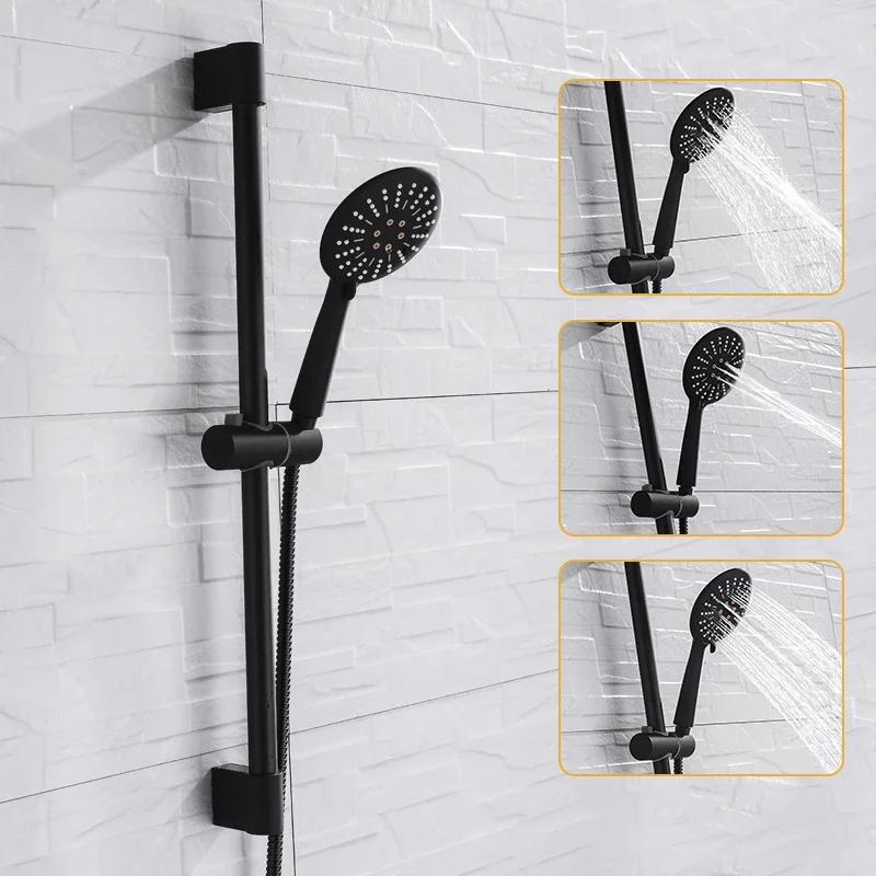 Black 3 Function ABS Hand Held Shower Head High Pressure Rain  Sprayer Set Wall Mount Slide Bar with Hook and Bracket