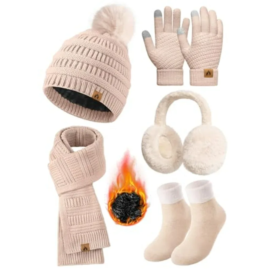 

Womens Winter Beanie Hat Scarf Gloves Set Fleece Hat Long Scarf Neck Warmer Ear muffs Fuzzy Socks 5 in 1 Knit Sets