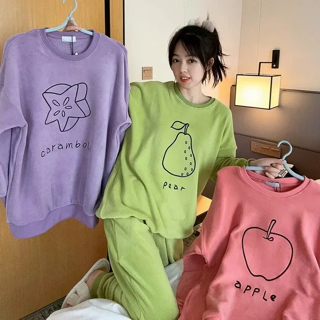 

Women Autumn Winter Pajamas Female German Fleece Long Sleeve Thickened Fleece Warm Fruit Set Ladies Loungewear Wearable Outdoors