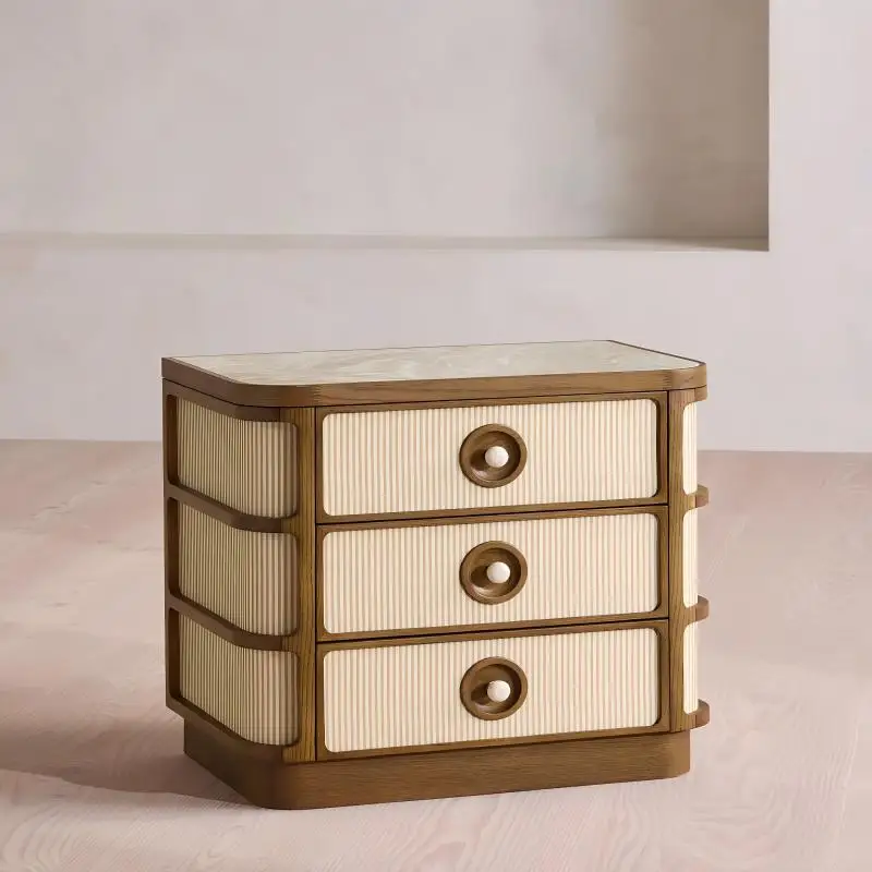 Modern curved solid wood bedside table 3 drawers, textured slats, natural marble countertops, bedroom home storage