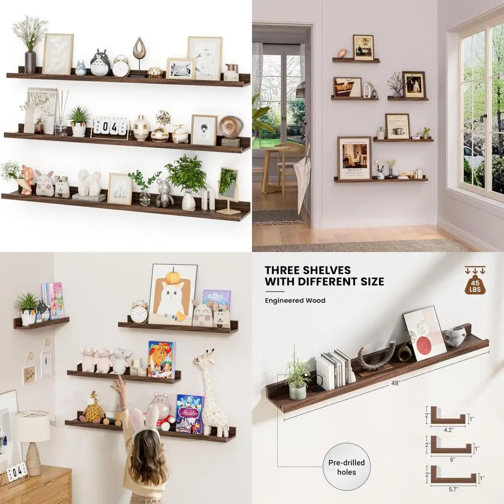 

Set of 3 Walnut Floating Shelves with Lip, 48 Long for Living Room, Bedroom, and Nursery
