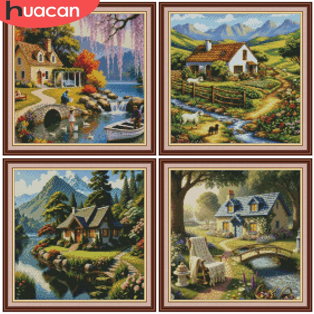 HUACAN 11CT Cross Stitch House Landscape Embroidery Kit Mountain Lake Guide For Beginners Needlework DMC Threads Decorative