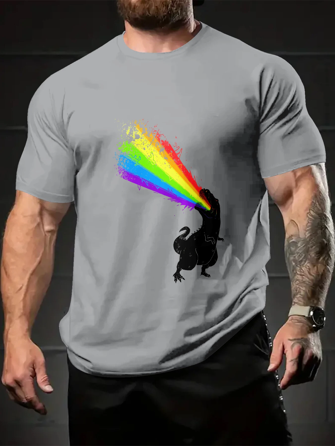 Distressed Splash Art Dinosaur Shooting Rainbow Print Men T-shirt