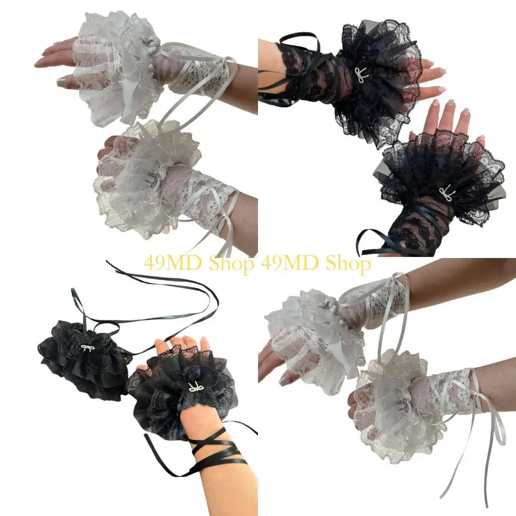 

49MD Delicate Detachable Sleeves Cuffs Ribbon Sleeves Elaborate Wedding Wrist Warmer for Sweater Shirt Accessories