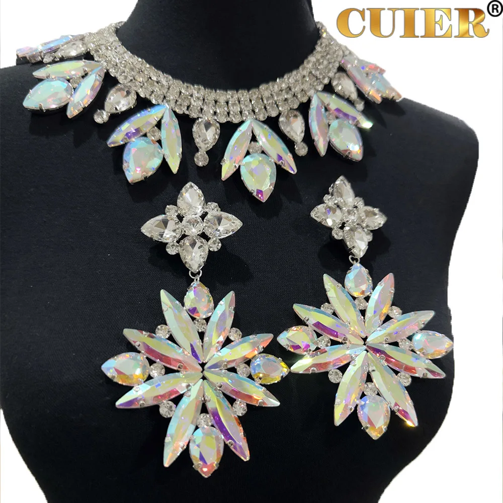 CUIER Exquisite Fuchsia color Rhinestones Necklace Earring Set for Wedding Bridal Jewelry