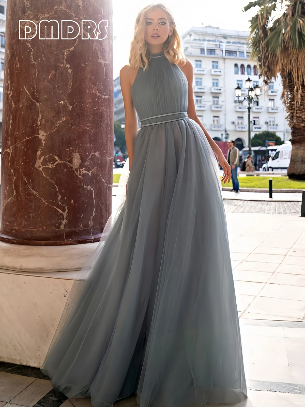 Dusty Blue Tulle Long Formal Dress for Women, Sleeveless Halter Evening Dresses, Customized Colors Birthday Party Gown