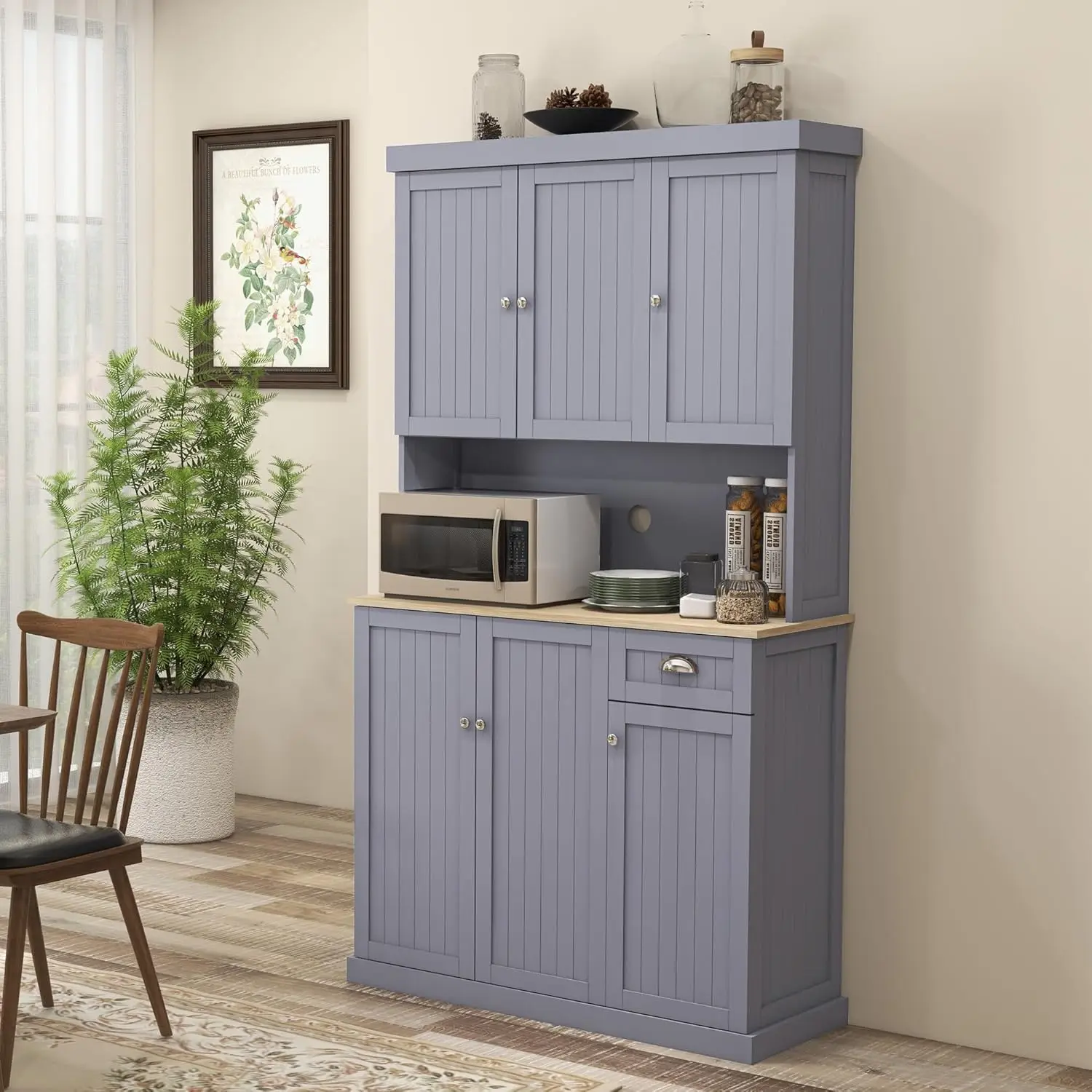 Buffet with Hutch Modern Farmhouse Kitchen Pantry Storage Cabinet with Microwave Oven Countertop Drawer and Cupboard Gray