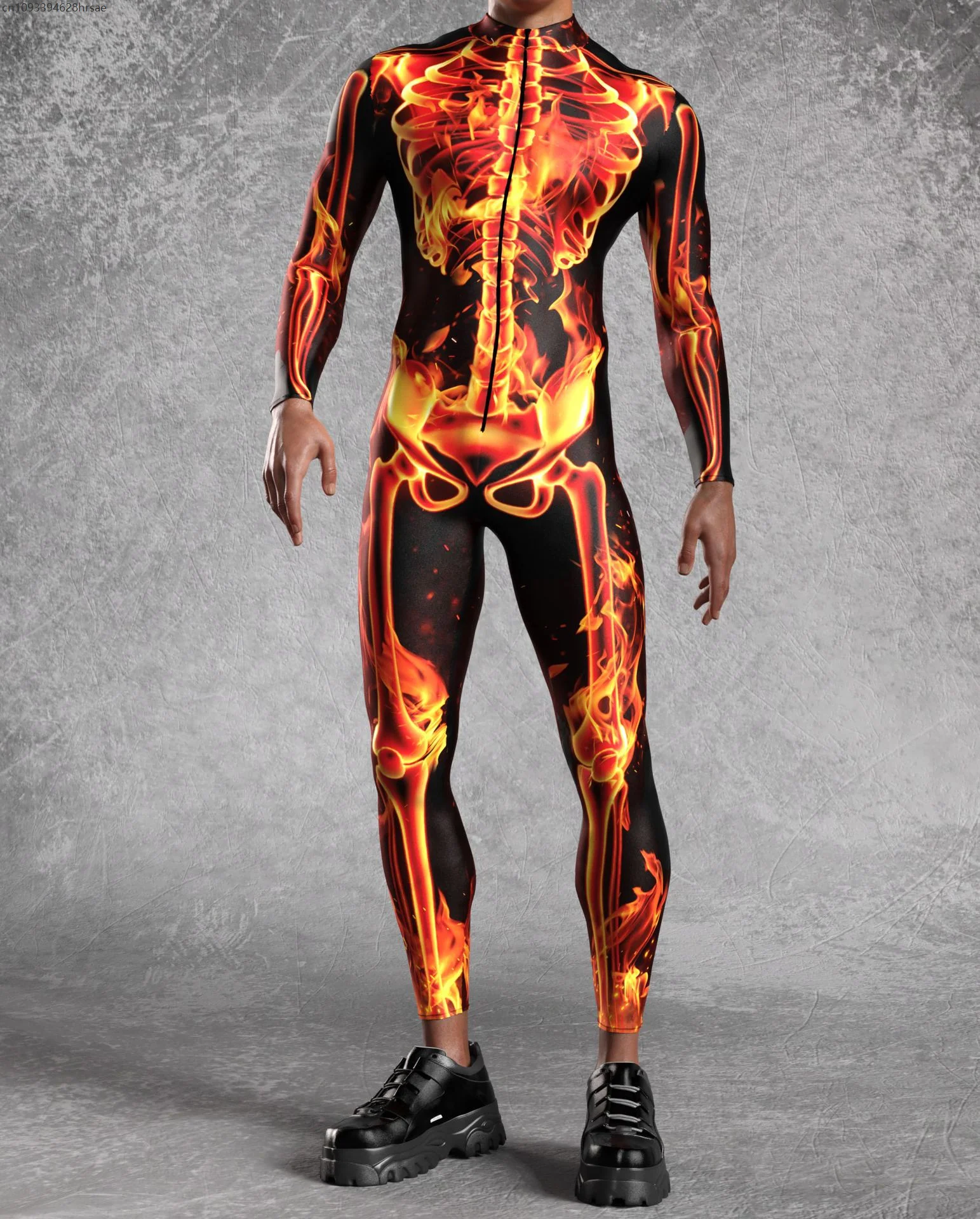 

Men Flame Skull Halloween Party Cosplay Horror Costume Jumpsuit Punk Blazing Skeleton Bodysuit Zentai Festival Outfit Romper