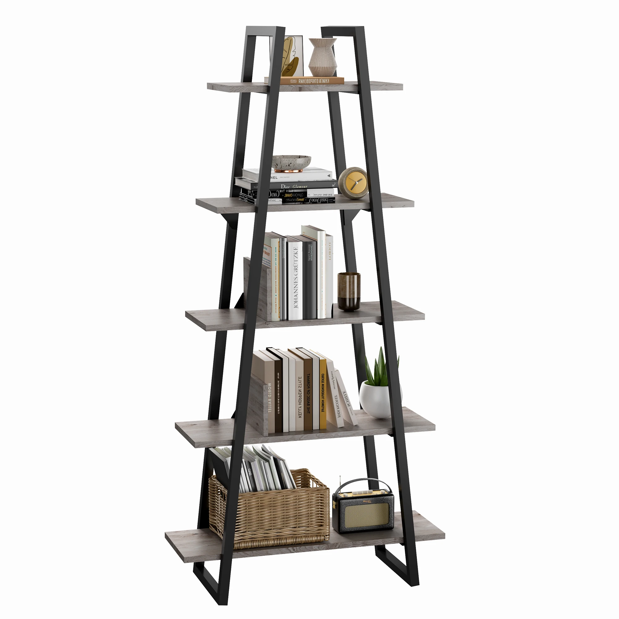 Bookshelf 5 Tier Industrial Wood, Tall Open Rustic Etagere Bookcase Ladder,Standing Display Shelves for Home Living Room Bedroom