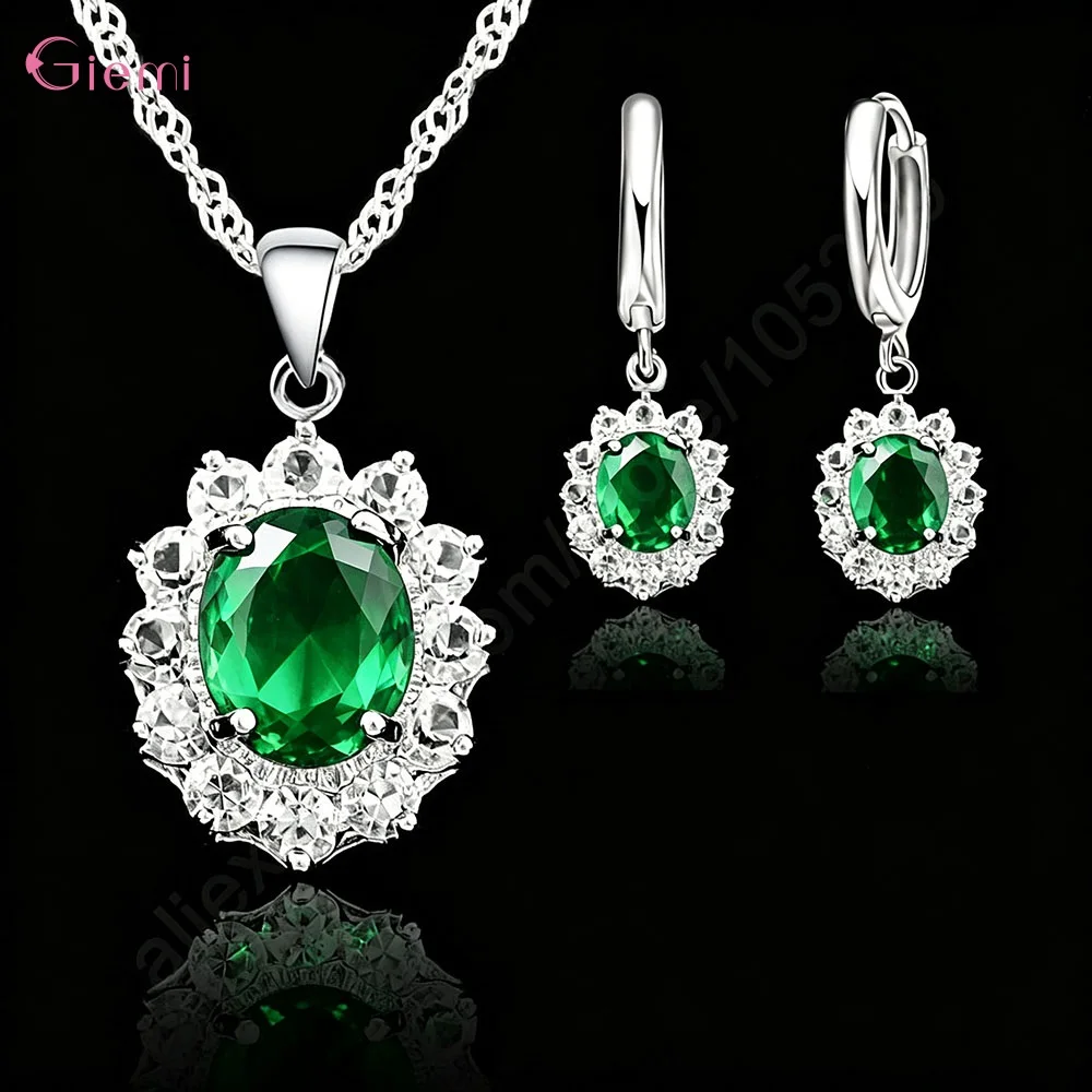 Exquisites 925 Sterling Silber Ovaler Kristall-Zirkon Halsketten- und Ohrring-Set für Damen und Mädchen, Hochzeit, Party, Modeschmuck Geschenk – Detail 1