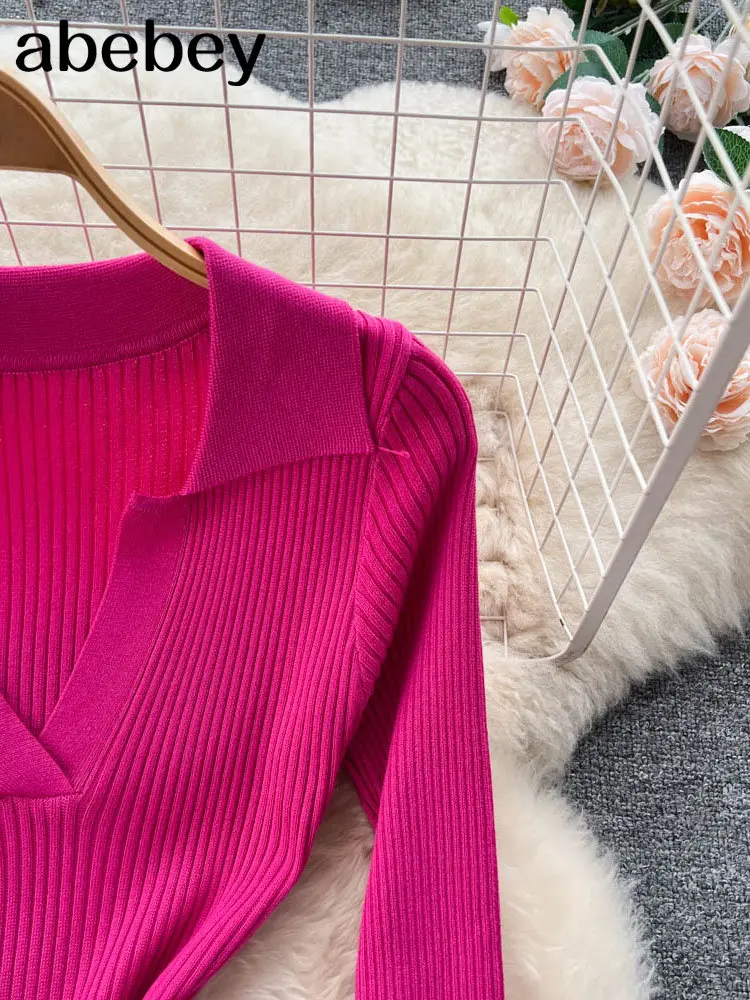 Zielona damska dzianinowa sukienka ołówkowa Koreańska sukienka z długim rękawem i dekoltem w szpic Jesień Zima Seksowna sukienka z ciepłym swetrem Bodycon