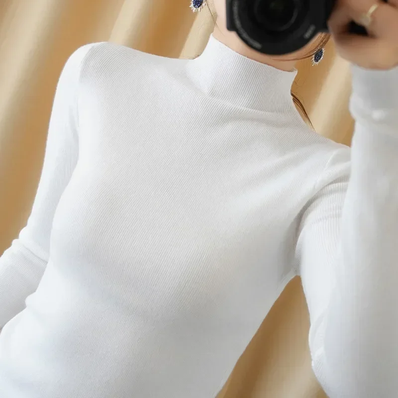 Women Sweater 2025 Autumn Winter Blue Mock Neck High Stretch Bottoming Shirt Fashion Korean Solid Slim Pullovers Knitwear Tops