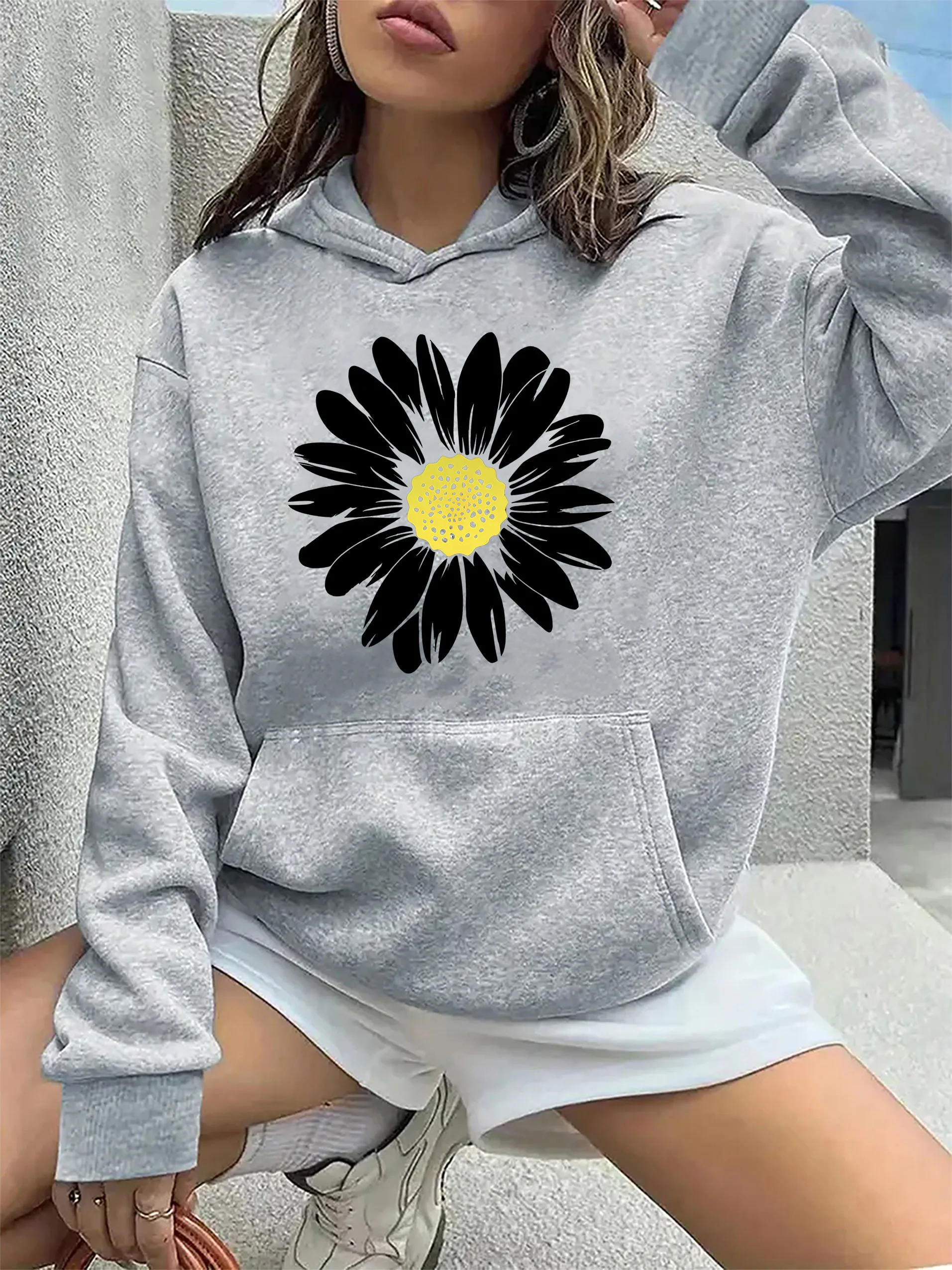 Sweat-shirt à capuche chaud en polaire douce pour femme, imprimé tournesol, pull ample, décontracté, col ras du cou, vêtements pour femme, hiver et automne