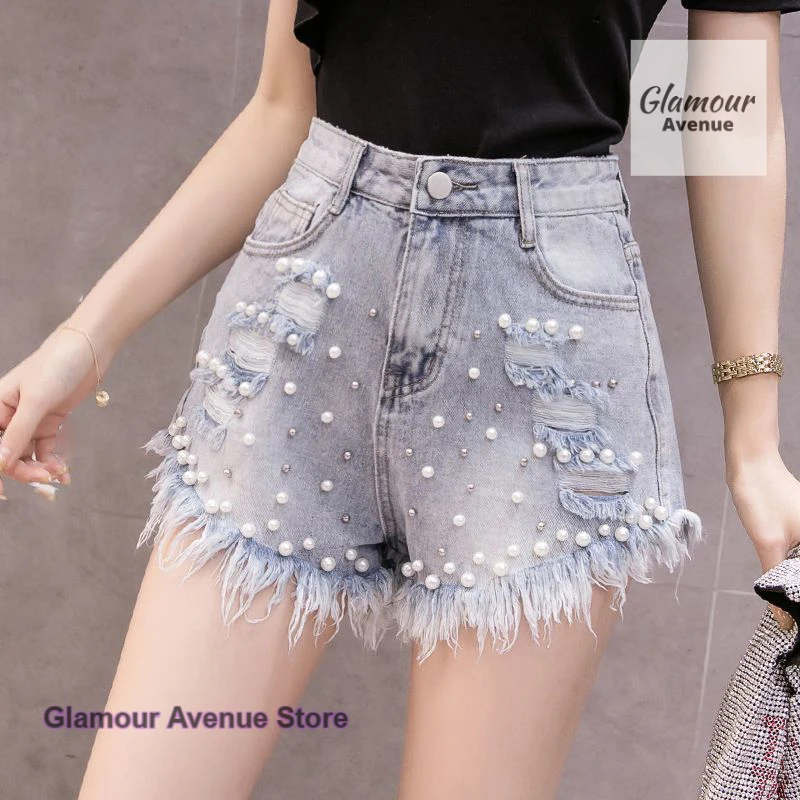 

French style raw edge beaded hole denim shorts women's summer new loose fashion high waist wide-leg pants fashion hot pants.