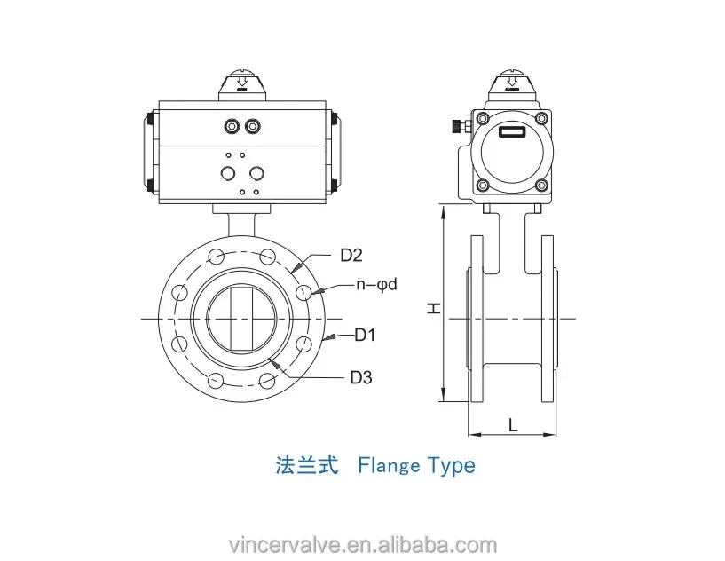 VINCER PN16 SS304 Body ทนต่อการกัดกร่อน SINGLE Acting Double Acting ฟลูออรีนเรียงรายนิวเมติกหน้าแปลนวาล์วผีเสื้อ