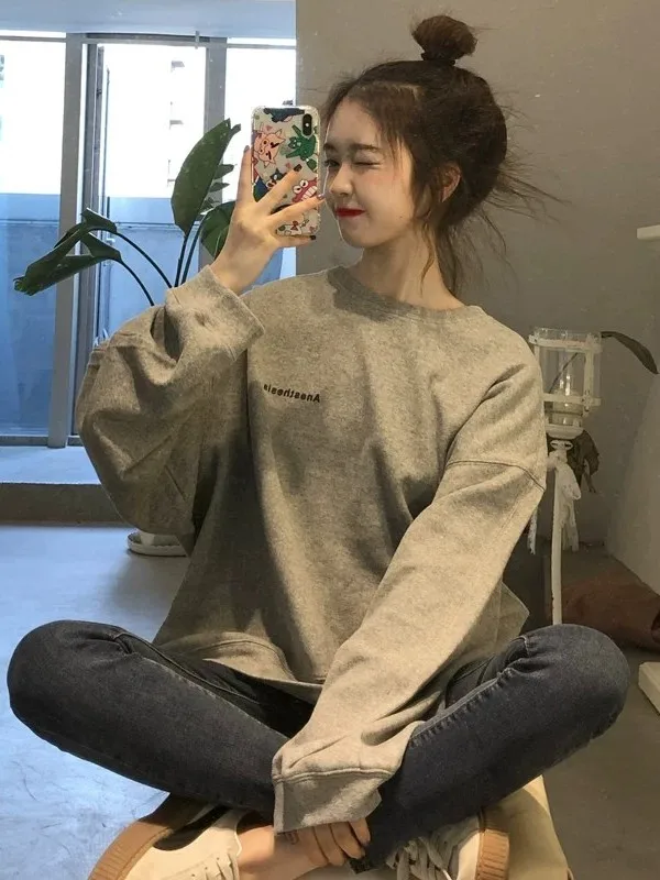 Loose Long Sleeve Hoodless Sweatshirt plus Size Comfortable Breathable Cotton Polyester Blend Casual Style Girls Jacket