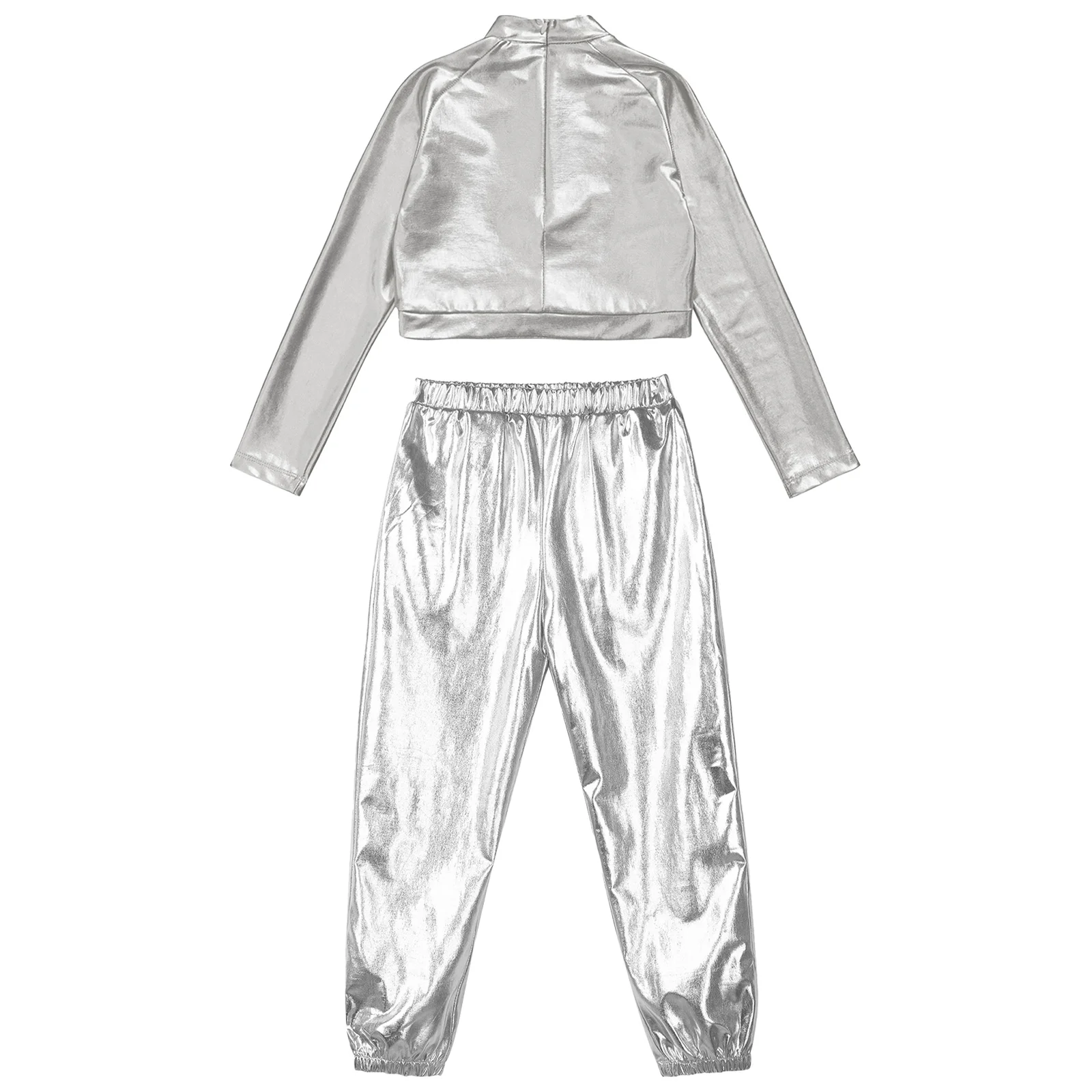 Girls Glossy Metallic Hip Hop Street Dance Outfit Long Sleeve Costumes for Dancing Performance Suit Sequins Jazz Dance Costumes