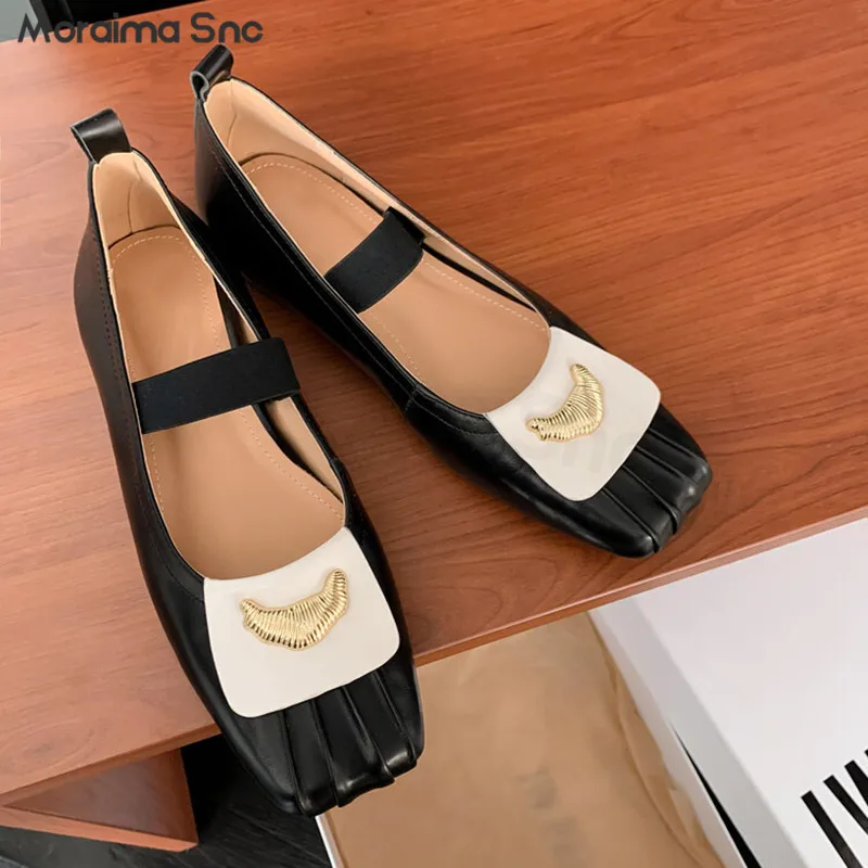 

Horse Oil Cowhide Mary Jane Shoes Shallow Mouth Square Toe Retro Flat Shoes New Elastic Band Flat Heel Fashionable Women's Shoes