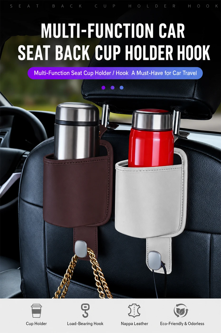 SEAMETAL Auto-Rücksitz-Getränkehalter mit Haken, Universeller Getränkehalter-Organizer für den Rücksitz, Aufbewahrungsbox für Wasserflaschen – Detail 1
