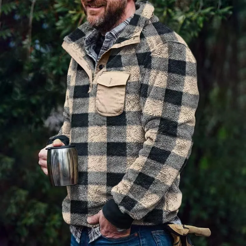 Autumn Winter Warm Casual Hooded Men's Long Sleeve Pocket Loose Double Sided Plush Plaid Pattern Sweatshirt Fleece Hoodies Tops