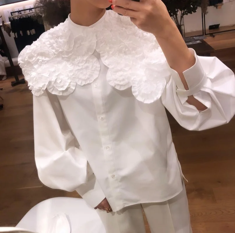 High Quality 3D Flower Shirts Fashion Upscale Chic Fungus Blouses Spring Peter Pan Collar Tops Japan Style Loose Femme