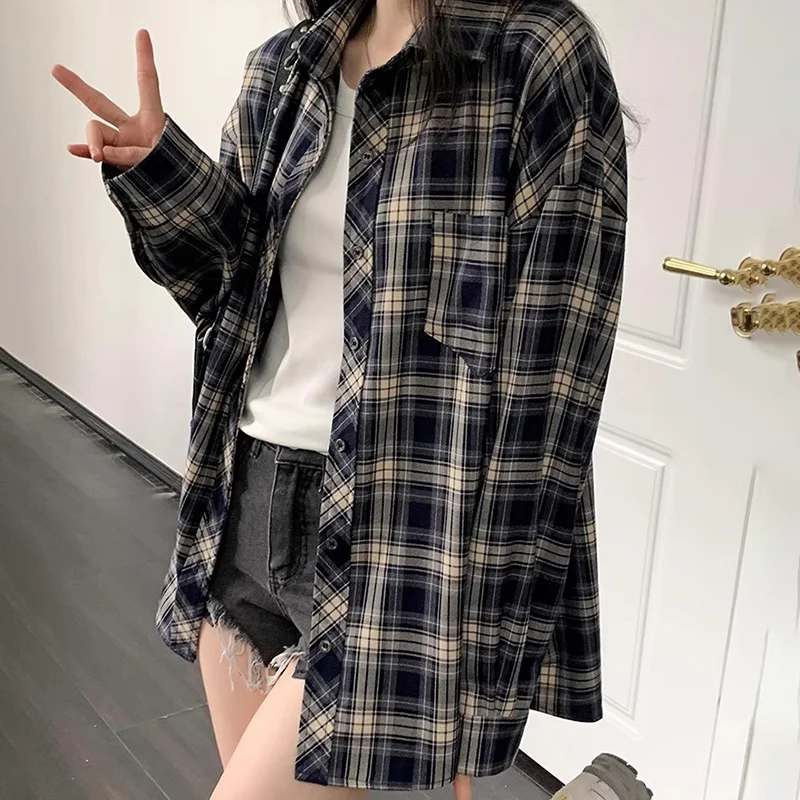 Woman Summer Vintage Plaid Lapel Collar Loose Casual Versatile  Sun Protection Long Sleeve Shirt