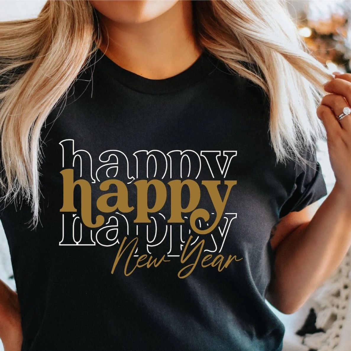 Happy Happy Happy New Year T Shirt Retro Stacked Lettering Graphic Tee Holiday Party Top New Years Eve Gift Women Casual Tee