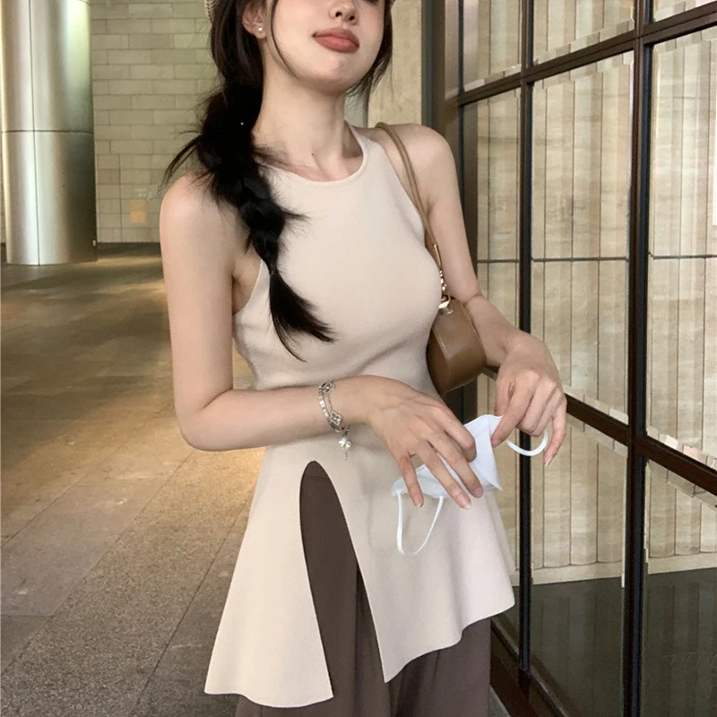 Haut Sexy Fendu pour Femme, Camisole, Blouse Fine, T-shirt Sans Manches, Design Précieux, Été