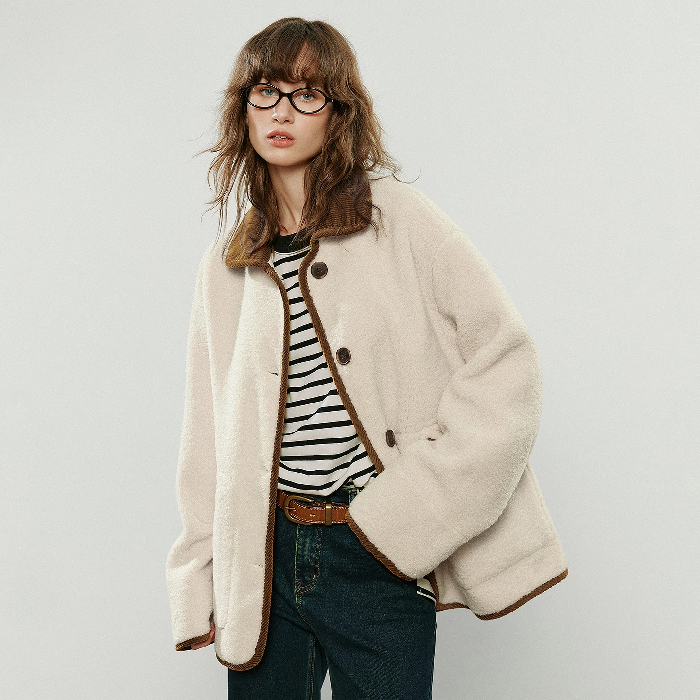 TOYOUTH Women Coats 2025 Winter New Plush Suede Color-block Spliced Faux Fur Lined Cotton Jackets