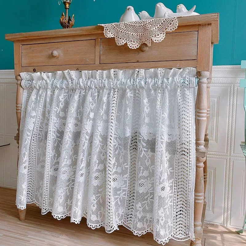 

White Sheer Lace Curtain Valance for Cabinet Cafe Kitchen Delicate Floral Roman Short Half Bay Voile Home Decor Drapes