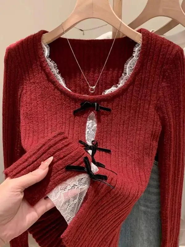 

Red Lace Hollow out Knitted Top Women's Early Spring Pure Desire Inner Shirt Fake Two-Piece Christmas Theme Floral Embroidery