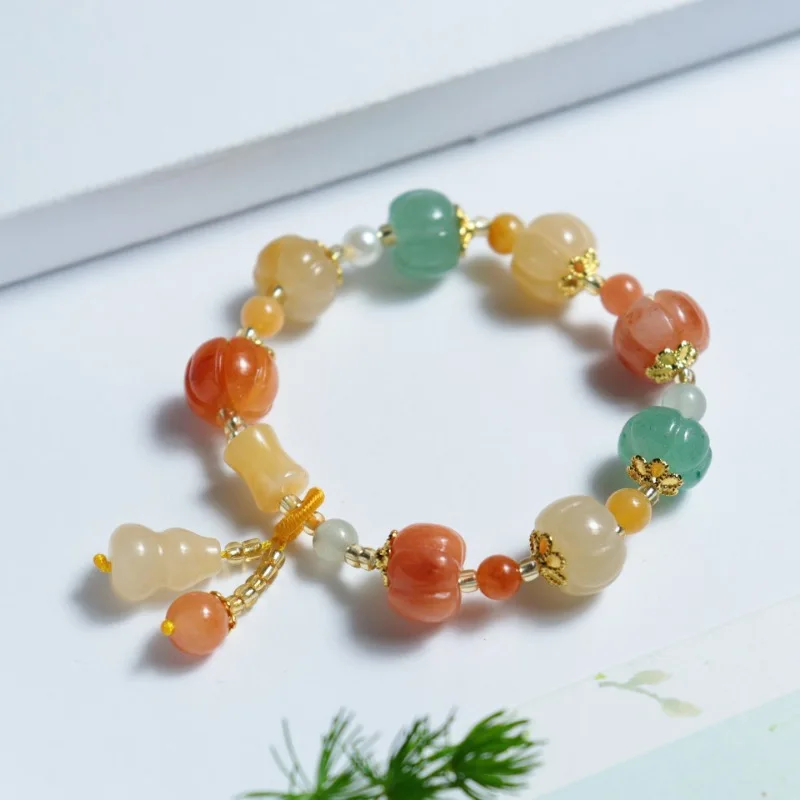 Natural Gold Silk Jade Pumpkin Bead Bracelet, Colorful Jade Bracelet, Transshipment Bamboo Women