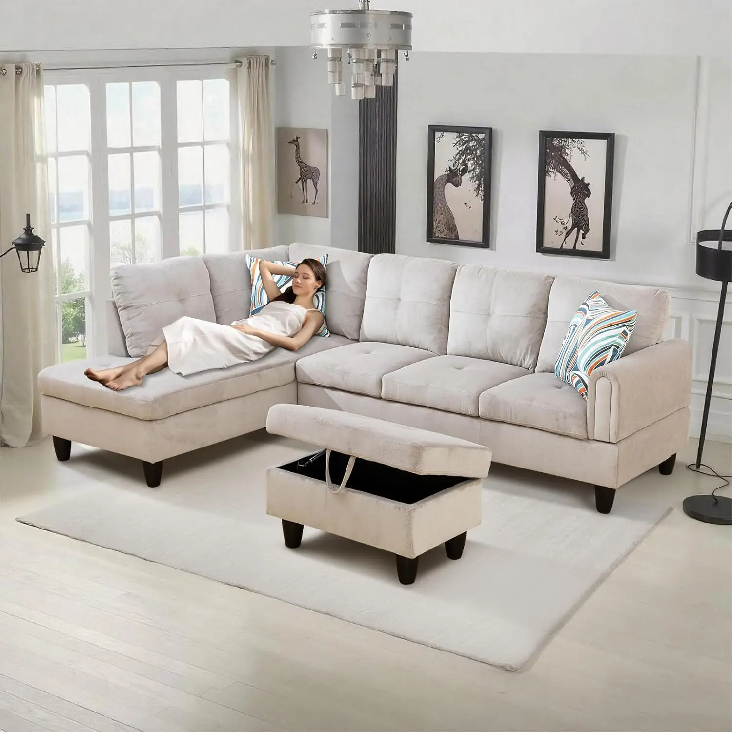 

L-Shape 3-Piece Cloud Sofa, Grey White Corduroy, Reversible Chaise & Storage Ottoman, 110-115° Recline, Solid-Wood Frame