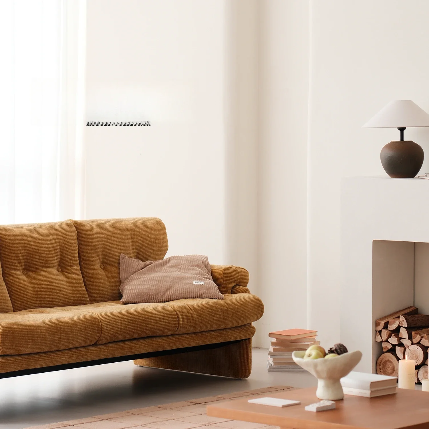 Retro straight row three-person fabric sofa