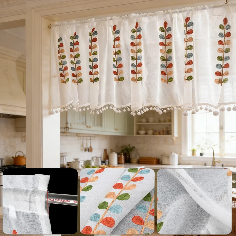 

Half-window Four-color Branch Embroidered Translucent Curtain Kitchen Layer Transparent Curtain Rod Pocket Gauze Curtain 손뜨개 커튼