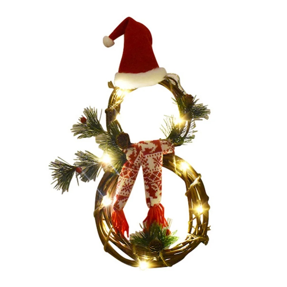 LED Light Snowman Rattan Wreath for Front Door Xmas Decorations Christmas Garland for Home Fireplace Wall Decor New Year