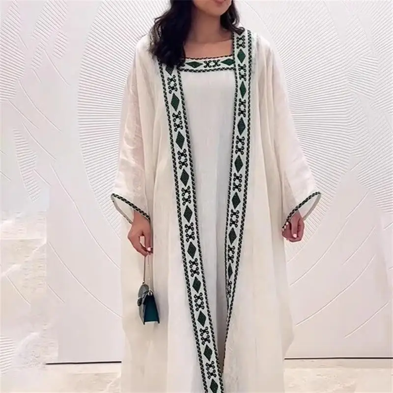 

Summer 2025 Elegant Printed Dress Robe Two-Piece Set Long Sleeve V-Neck Polyester Fabric for Women Fashionable Ensemble