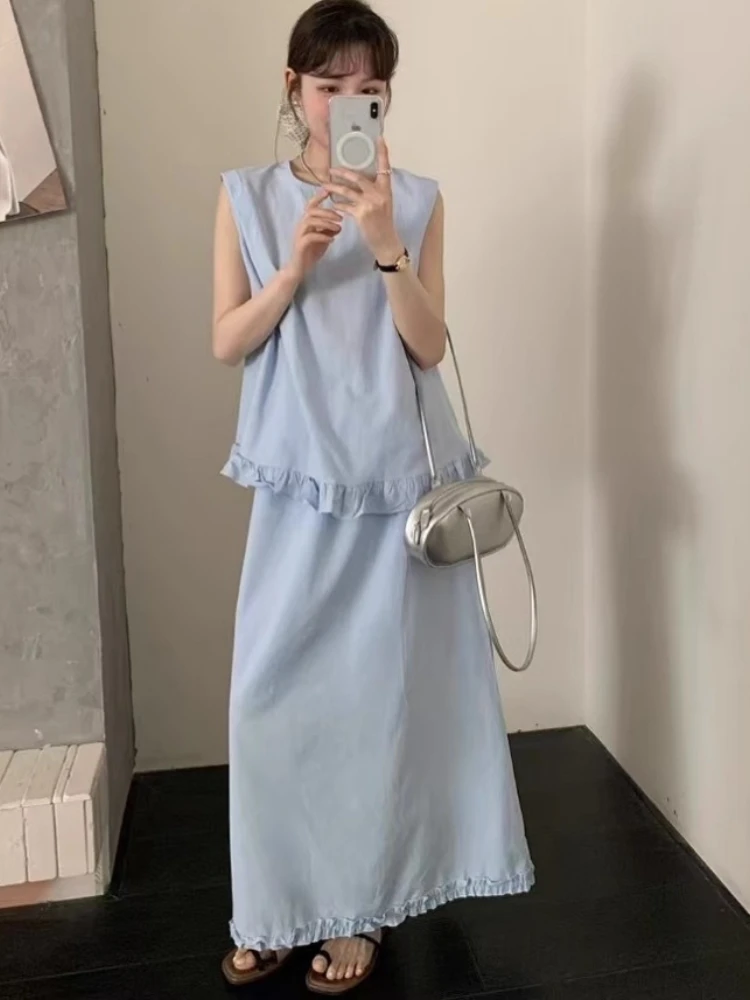 

Korobov Summer Korean Casual Solid Ruched Patchwork Pullover Sleeveless Top High Waist Long Dress Sets